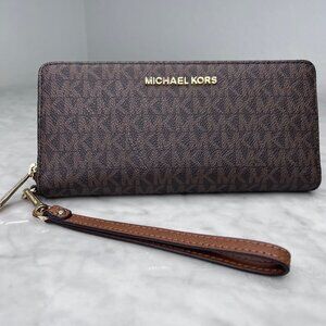Michael Kors Continental Wallet JetSet Zippered Large Brown Wristlet Leather NEW